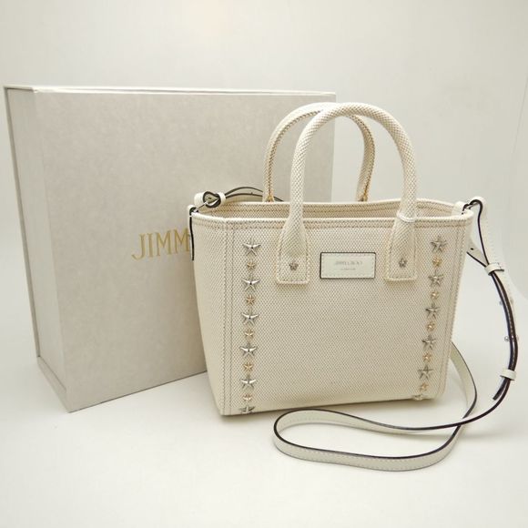 JIMMY CHOO Pegasi S CXH211 Handbag Star Studded Canvas x Leather NATURAL 251552 - Picture 5 of 10